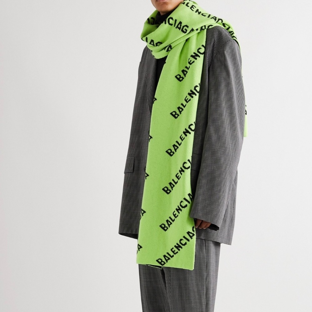 NWT Authentic Balenciaga - Neon Logo-Jacquard Wool-Blend Scarf - Green